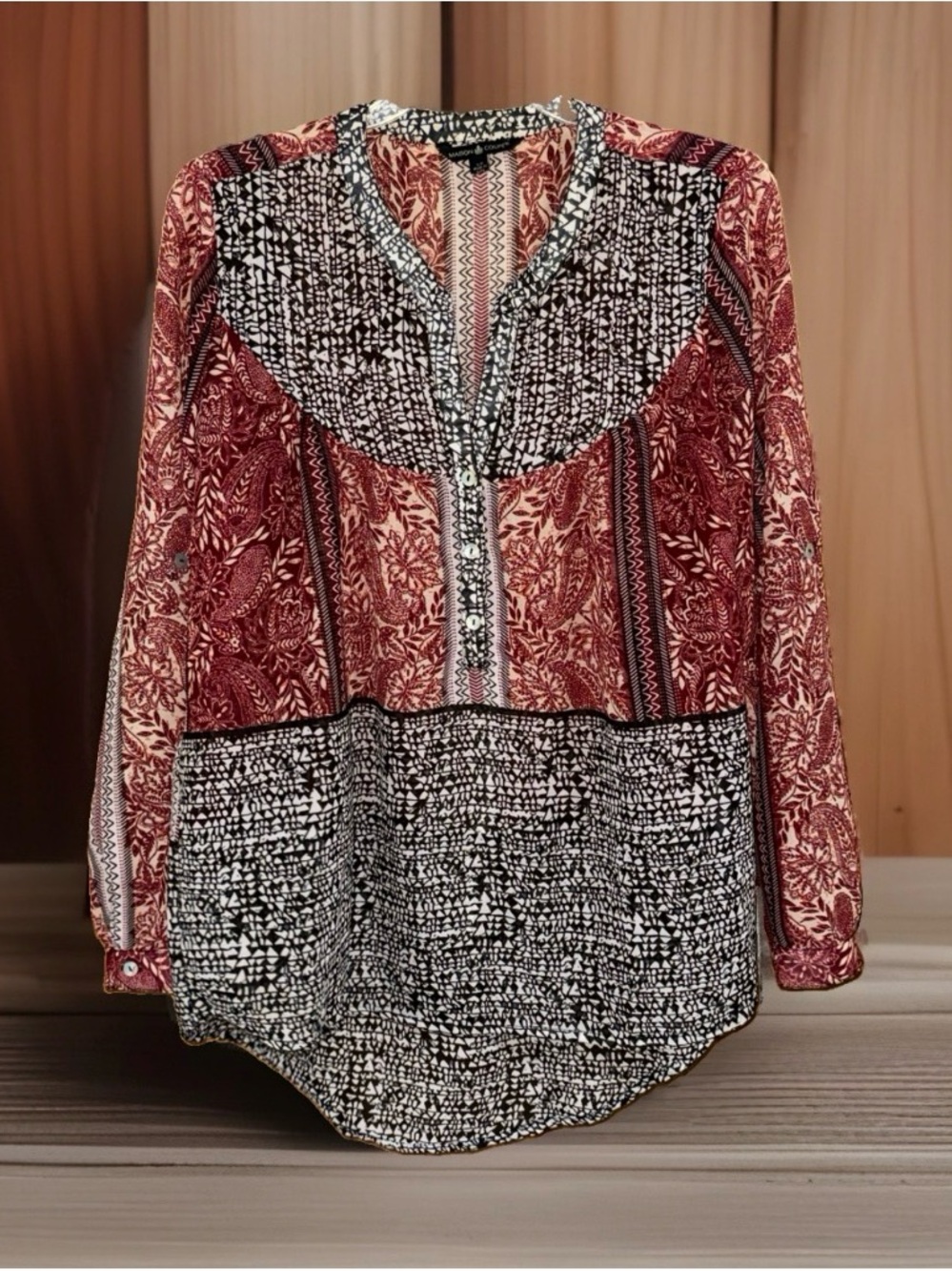 Maison Coupé Women’s Sheer Printed V-Neck Tunic Top in Burgundy Multi-S-EC